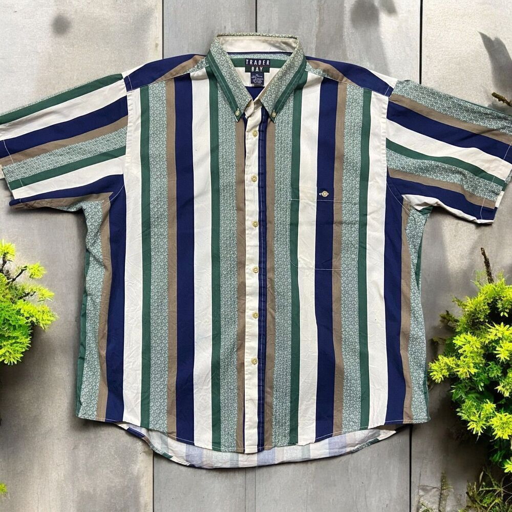 Trader Bay Vintage 90s Green Navy Button Front Cotton Shirt Men's Size XL